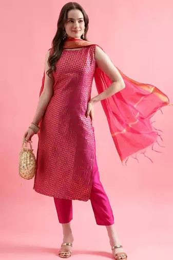 rani-pink fancy silk blend kurta set
