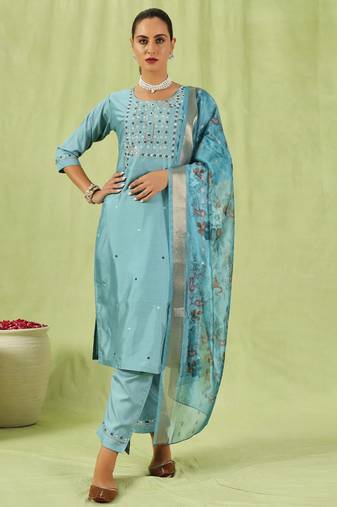 sky-blue fancy silk blend kurta set