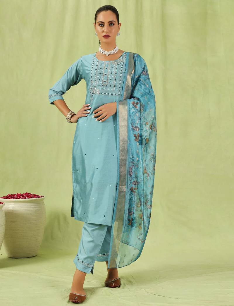 sky-blue fancy silk blend kurta set