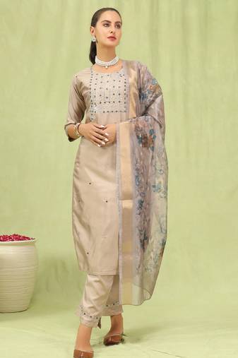 beige fancy silk blend kurta set