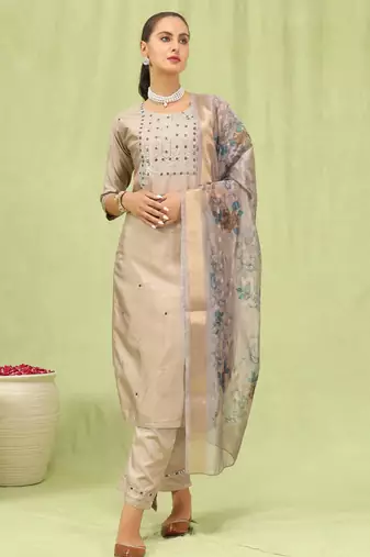 beige fancy silk blend kurta set