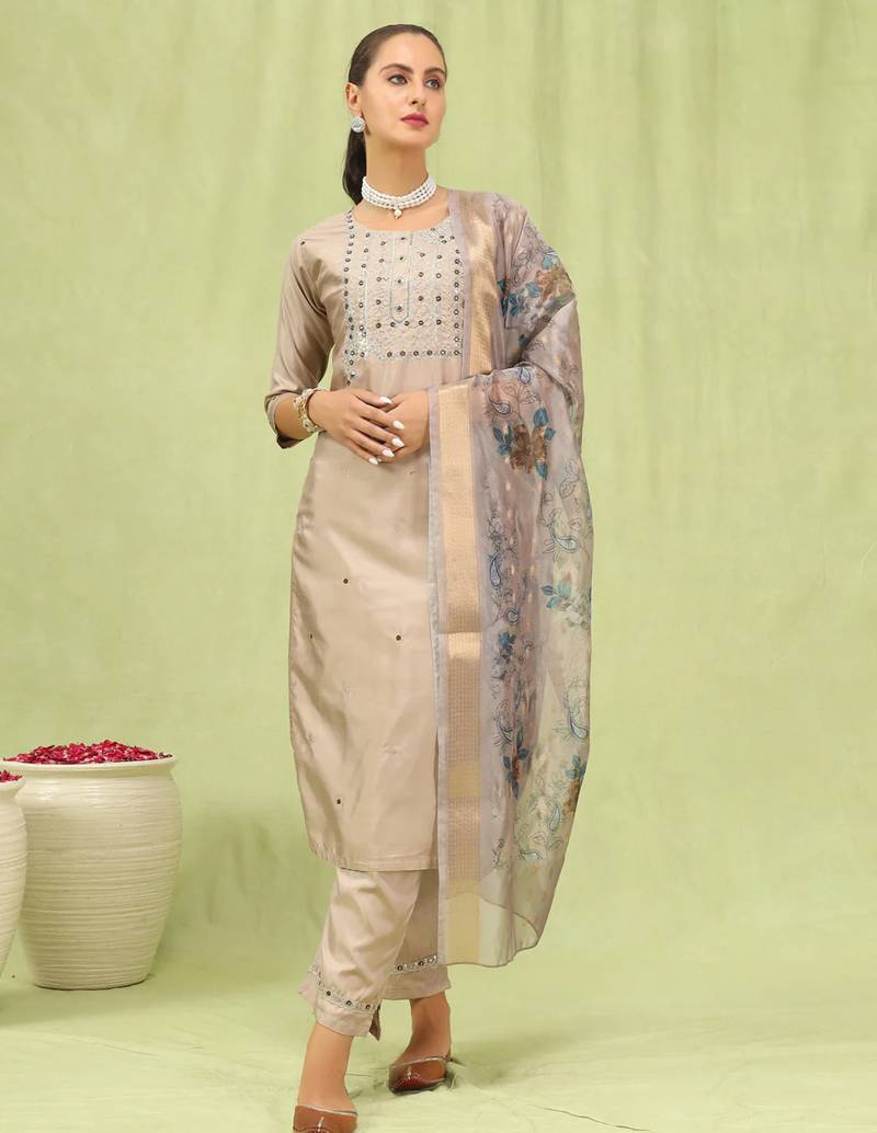 beige fancy silk blend kurta set