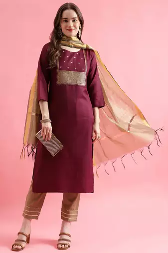 maroon fancy cotton kurta set
