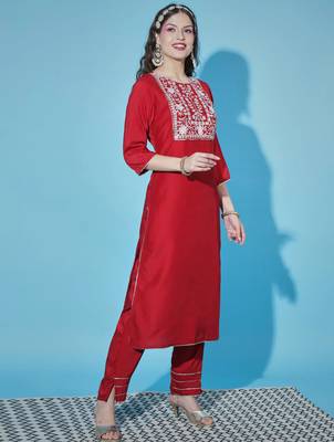 scarlet-red fancy cotton silk kurta set 4