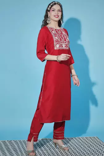 scarlet-red fancy cotton silk kurta set