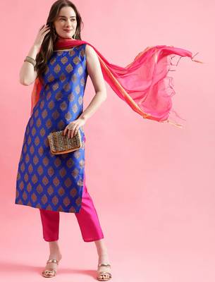 blue fancy silk blend kurta set 2