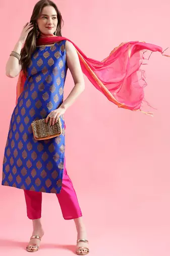 blue fancy silk blend kurta set