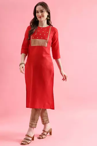 red fancy cotton kurta set