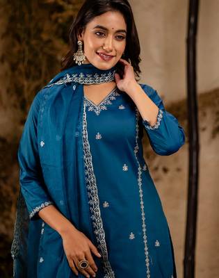 teal fancy silk blend kurta set 3