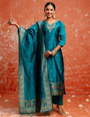 blue fancy cotton silk kurta set 2