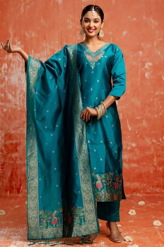 blue fancy cotton silk kurta set