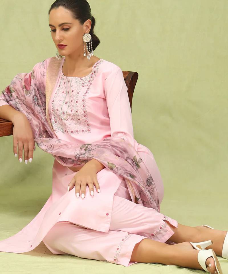 pink fancy silk blend kurta set