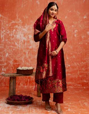 maroon fancy cotton silk kurta set 2