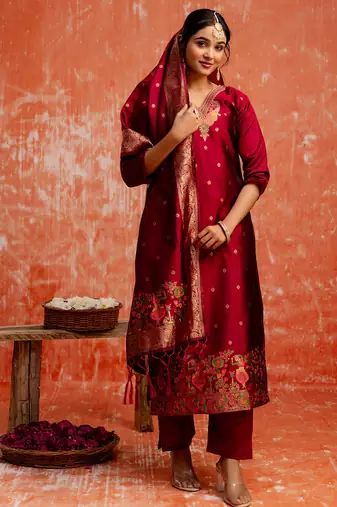 maroon fancy cotton silk kurta set