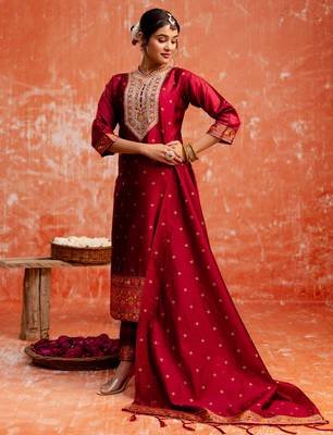 maroon fancy cotton silk kurta set 2