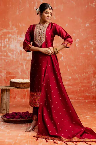maroon fancy cotton silk kurta set