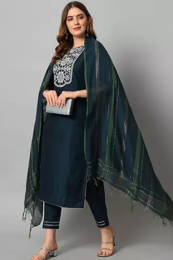 navy-blue fancy cotton silk kurta set