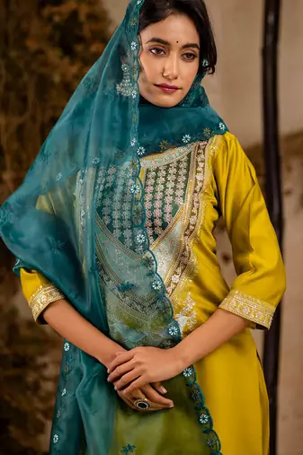 light-yellow fancy viscose rayon kurta set