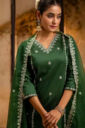 green fancy silk blend kurta set