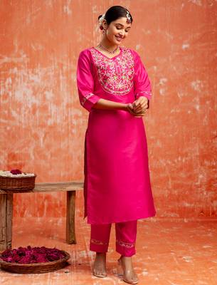 rani-pink fancy silk blend kurta set 2