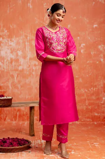 rani-pink fancy silk blend kurta set