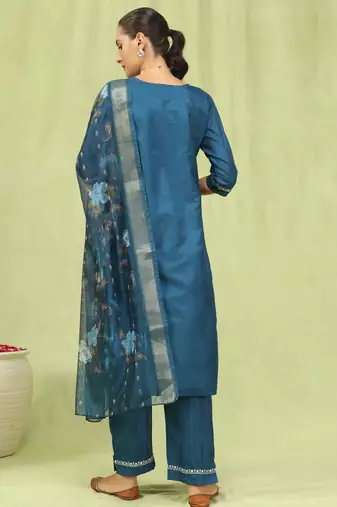 blue fancy silk blend kurta set