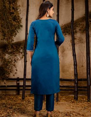 teal fancy silk blend kurta set 4