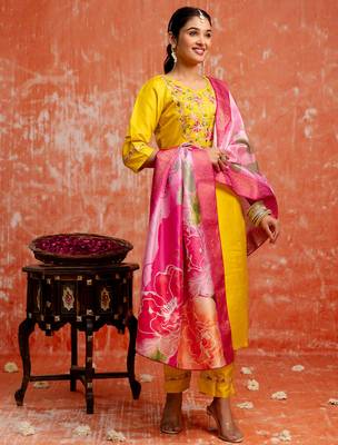 yellow fancy silk blend kurta set 2
