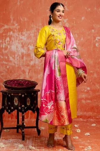 yellow fancy silk blend kurta set