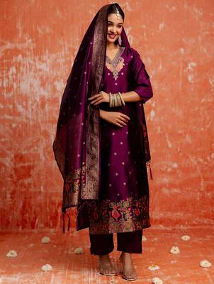 purple fancy cotton silk kurta set 2