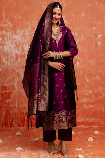 purple fancy cotton silk kurta set