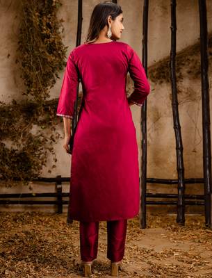 maroon fancy silk blend kurta set 4