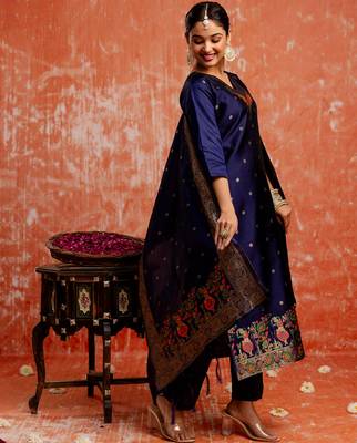 navy-blue fancy cotton silk kurta set 2