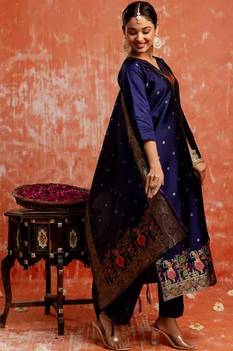 navy-blue fancy cotton silk kurta set