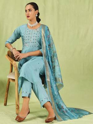 sky-blue fancy silk blend kurta set 2
