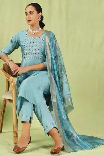 sky-blue fancy silk blend kurta set
