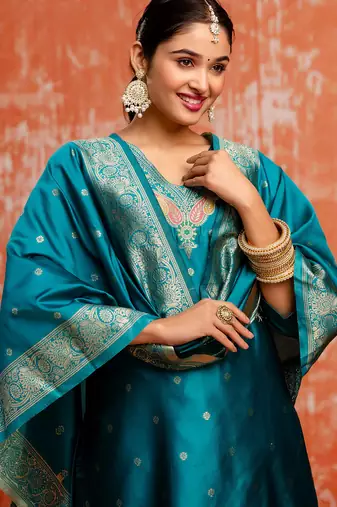 blue fancy cotton silk kurta set