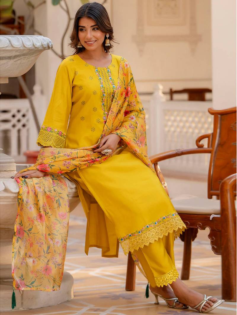 yellow fancy viscose kurta set