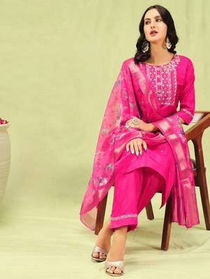 rani-pink fancy silk blend kurta set 2