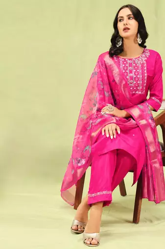 rani-pink fancy silk blend kurta set