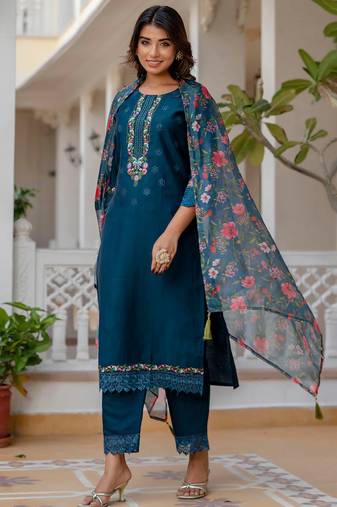 Teal viscose roman silk designer festive wear readymade suit