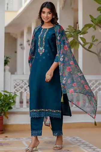 Teal viscose roman silk designer festive wear readymade suit