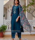 Teal viscose roman silk designer festive wear readymade suit