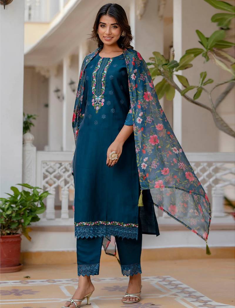 Teal viscose roman silk designer festive wear readymade suit