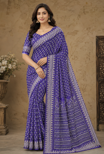 purple hand with katdana and real mirror georgette saree