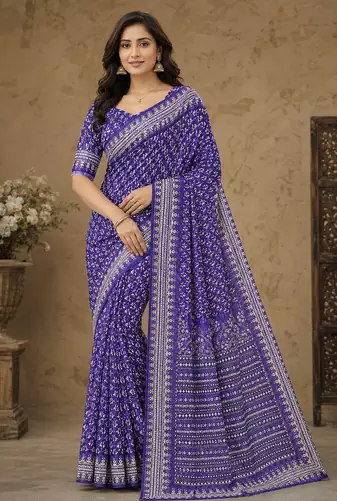 purple hand with katdana and real mirror georgette saree