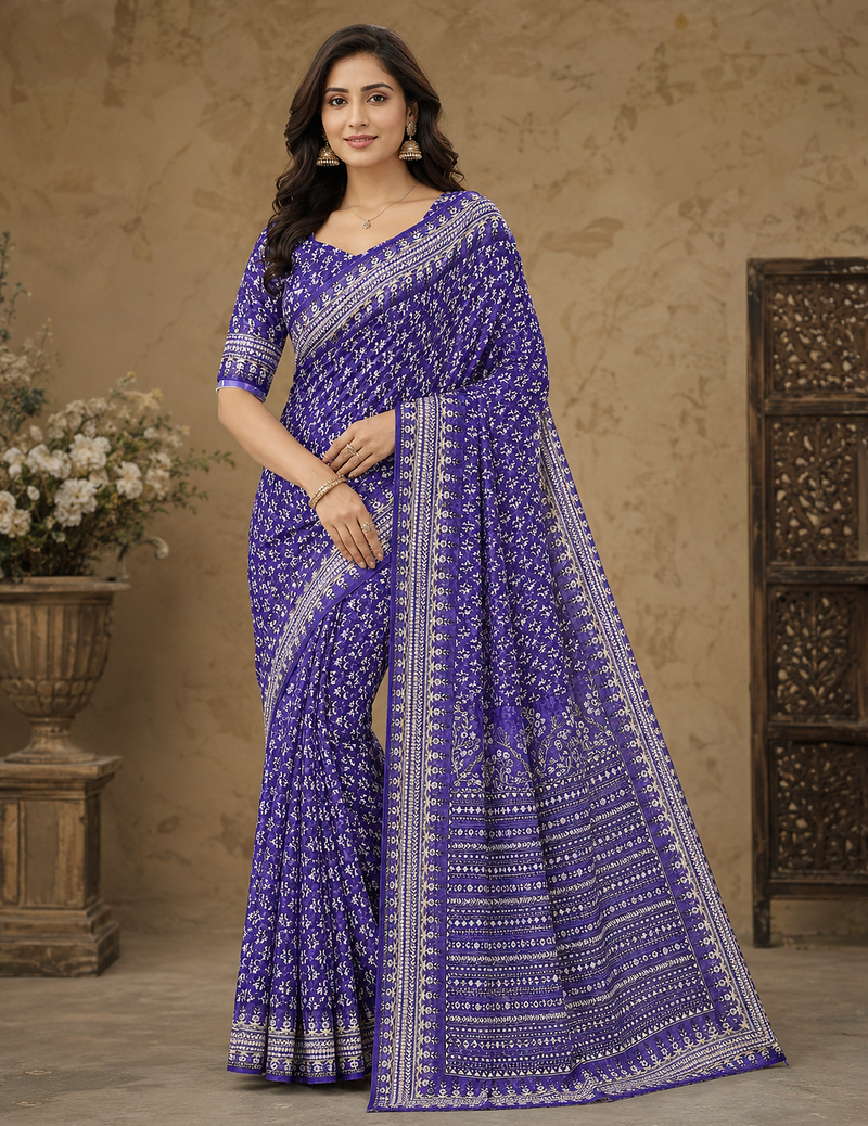 purple hand with katdana and real mirror georgette saree