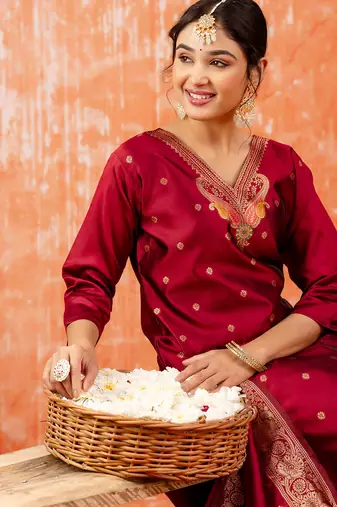 maroon fancy cotton silk kurta set