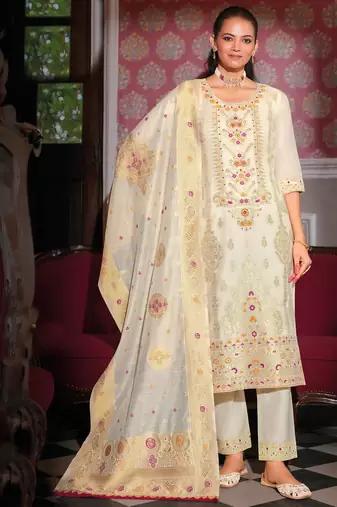 white fancy banarasi silk kurta set