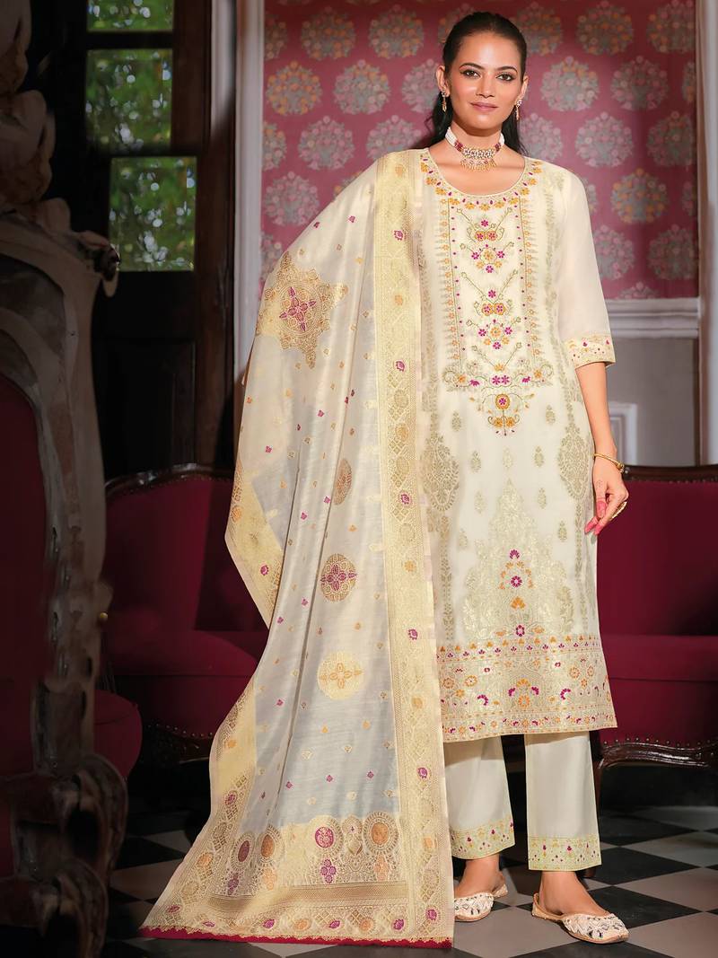 white fancy banarasi silk kurta set